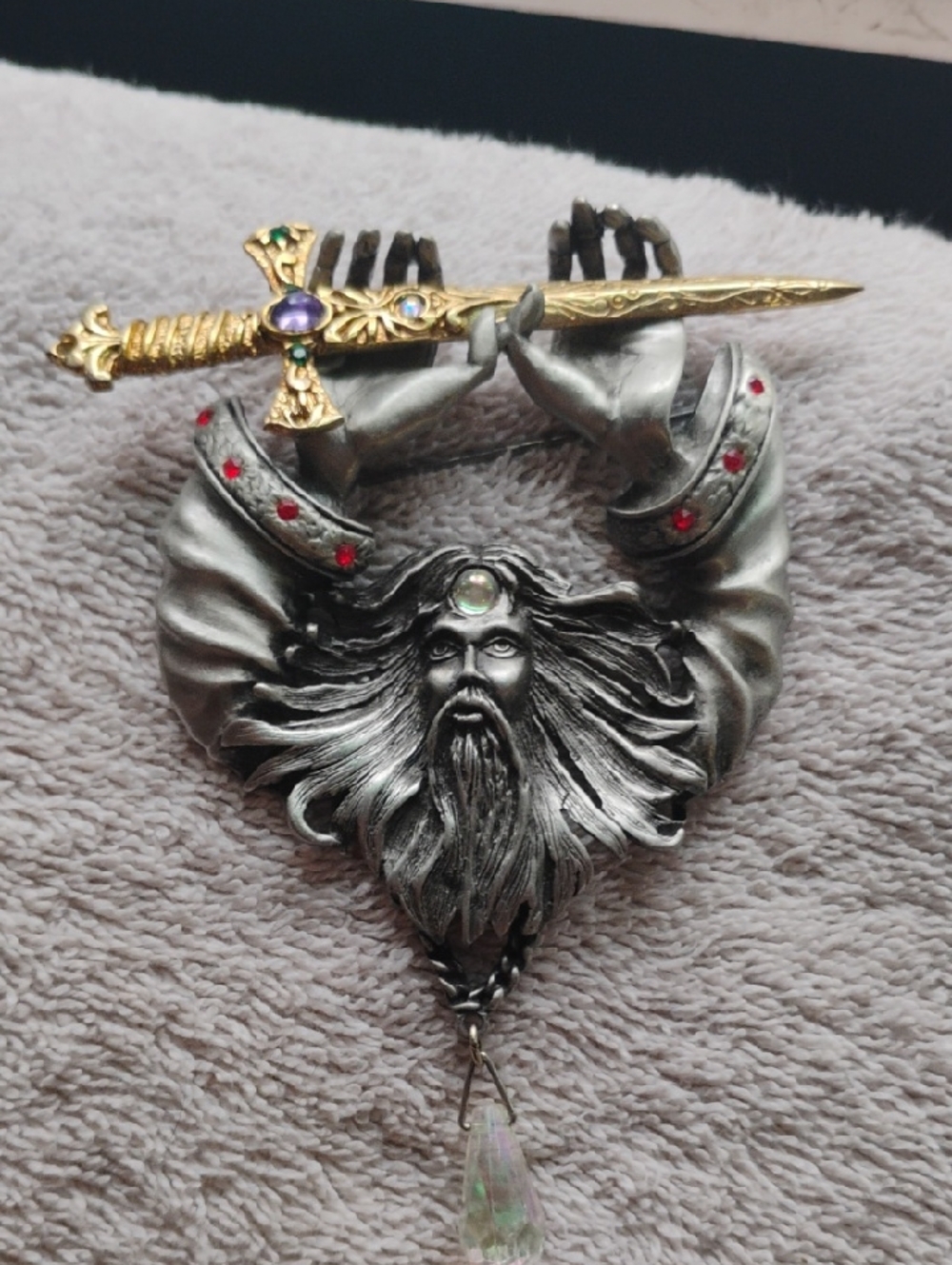 Vintage 1980s Signed JJ Jonette Pewter Wizard with Sword Brooch Pin